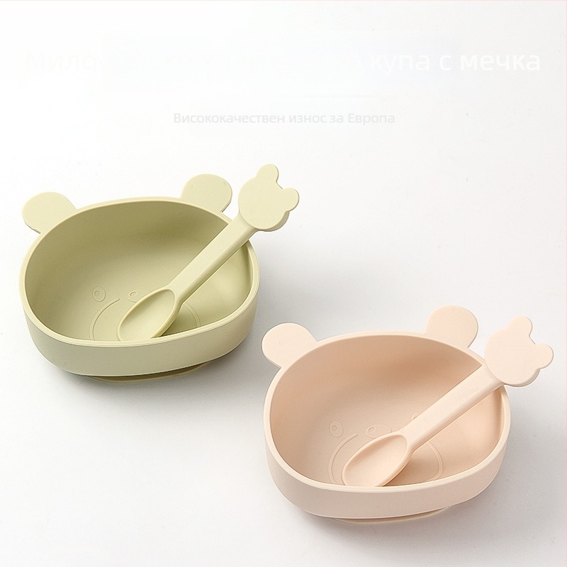 Силиконова бебешка купичка за хранене с комплект вилица и лъжица — кръгла, микровълнова безопасна, за деца