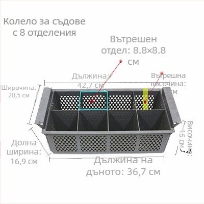 Кошница за прибори за съдомиялна машина, квадратна пластмасова, 25-зъбна, дизайн без дренажни отвори