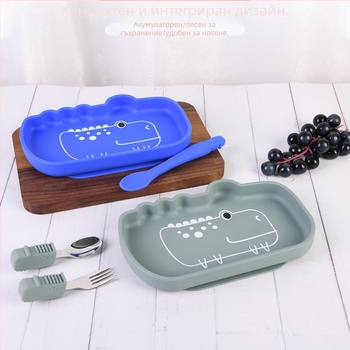 Силиконова детска чиния с разделени секции и засмукваща основа, животински дизайн, подходяща от 6 месеца