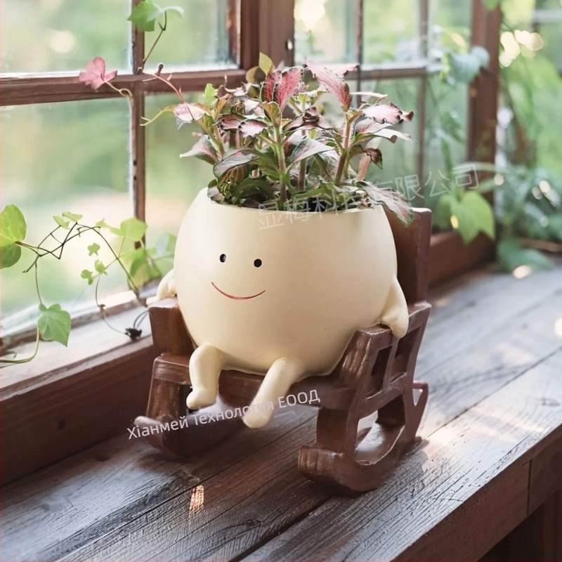 Саксия за сукуленти с усмихнато лице – вътрешна/ външна употреба, декоративна градинска украса (Материал: смола; Занаят: Други)