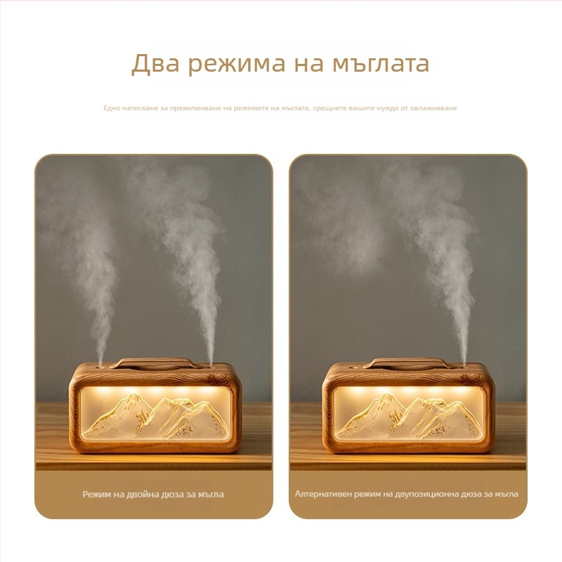 Овлажнител за въздуха с амбиентно осветление, USB захранване (6 W), 2 изхода за мъгла, резервоар 0.5–1 л, обхват 10–20 м²