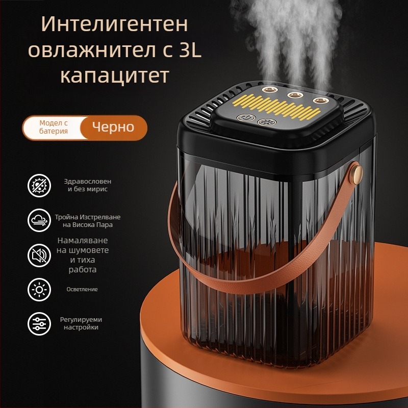 Увлажнител с три изхода за мъгла, голям резервоар 2.6–4.0 л, тих режим, USB захранване, подходящ за 10–20 м²