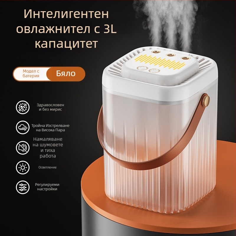 Увлажнител с три изхода за мъгла, голям резервоар 2.6–4.0 л, тих режим, USB захранване, подходящ за 10–20 м²