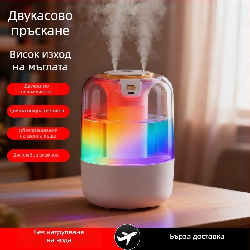 Овлажнител за въздуха за помещения 21–30 м², безшумен режим, 2 изхода за мъгла, резервоар 2.6–4.0 л, дистанционно управление