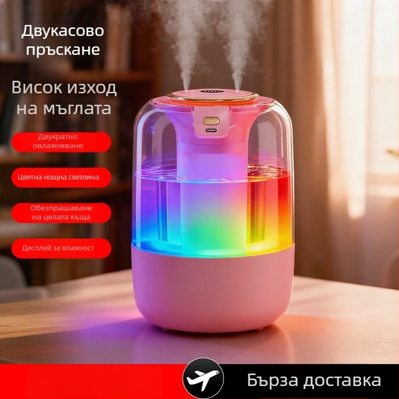 Овлажнител за въздуха за помещения 21–30 м², безшумен режим, 2 изхода за мъгла, резервоар 2.6–4.0 л, дистанционно управление