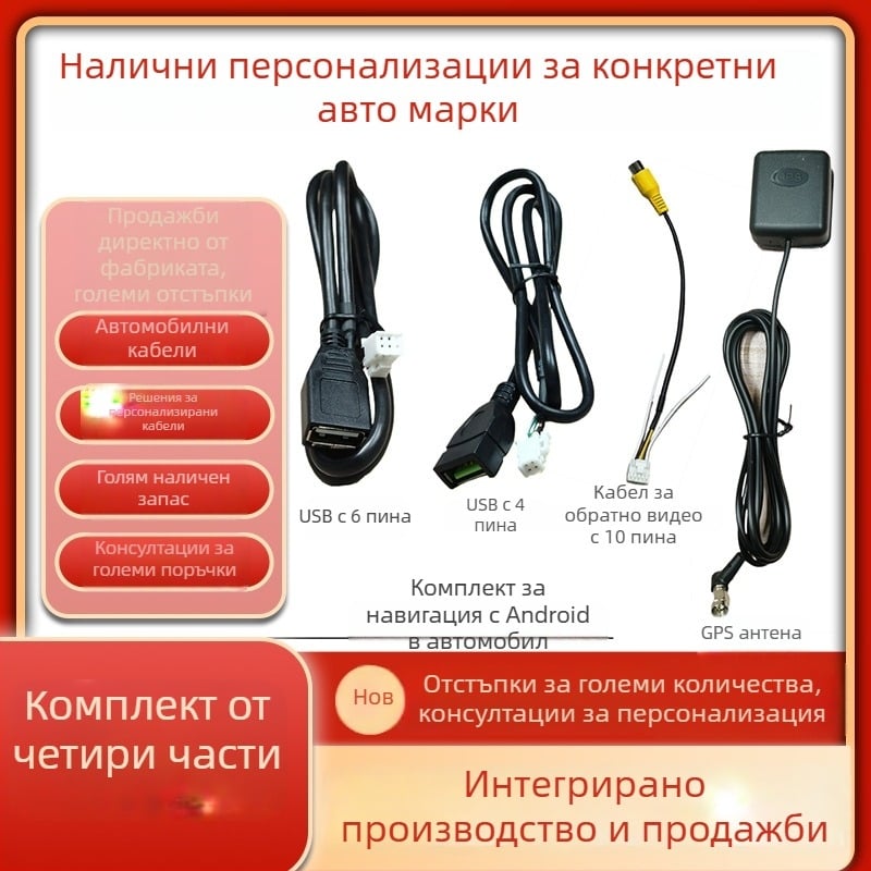 Android автомобилна навигация: кабелен набор за захранване, USB, RCA, 4‑pin/6‑pin конектори, GPS антена и кабел за обратно виждане