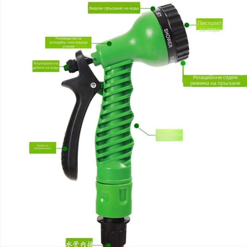 UFAN-287 3x телескопичен домашен воден маркуч с пистолет за високо налягане, 7 типа пръскане, корпус и дръжка от PS, за миене на автомобили и поливане на градина