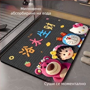 Подложка за баня, абсорбираща вода, бързосъхнеща, флокирана гумена повърхност, карикатурен дизайн, квадратна форма
