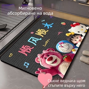 Подложка за баня, абсорбираща вода, бързосъхнеща, флокирана гумена повърхност, карикатурен дизайн, квадратна форма