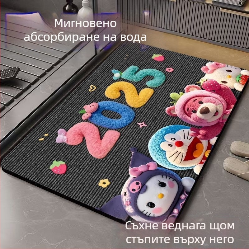 Подложка за баня, абсорбираща вода, бързосъхнеща, флокирана гумена повърхност, карикатурен дизайн, квадратна форма