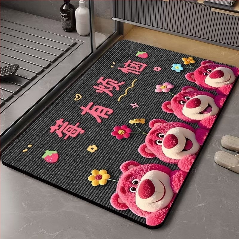 Подложка за баня, абсорбираща вода, бързосъхнеща, флокирана гумена повърхност, карикатурен дизайн, квадратна форма