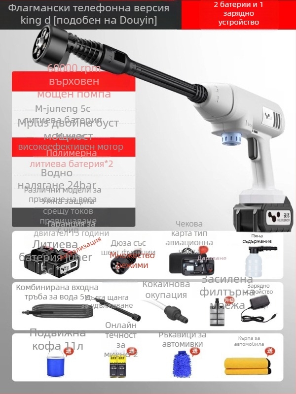 Високонапорен водоструен пистолет за миене на автомобили, портативен безжичен, литиева батерия 21V, 600W, 2.5–25 MPa, 2.6–4.0 L/min, 5 м маркуч