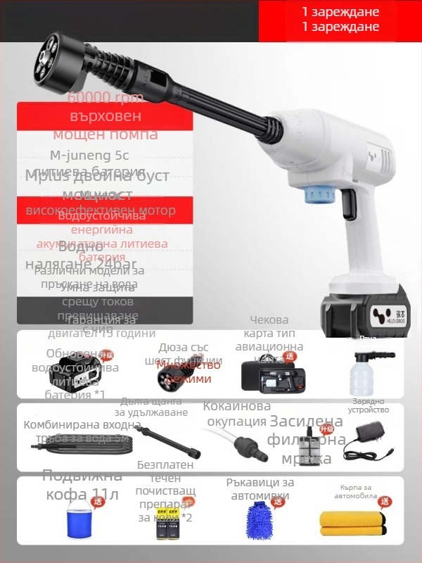 Високонапорен водоструен пистолет за миене на автомобили, портативен безжичен, литиева батерия 21V, 600W, 2.5–25 MPa, 2.6–4.0 L/min, 5 м маркуч