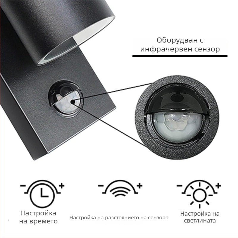 Външна стенна лампа с PIR сензор, алуминиева сплав, IP44, 110-240V, 50 000 часа живот