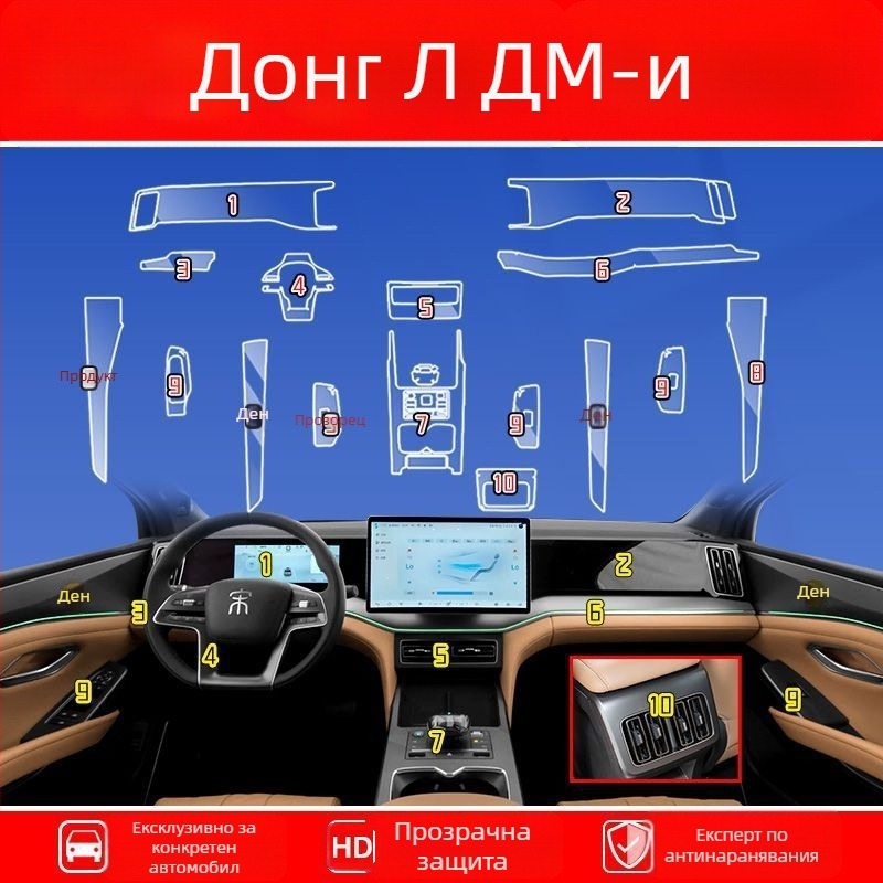 TPU интериорен защитен филм за BYD Song L – комплект с едно парче, покриващ въздухоотводи, бутони на волана, навигационен дисплей, бутони на вратите и зоната на централната конзола; устойчив на високи и ниски температури; устойчив на надраскване и износван