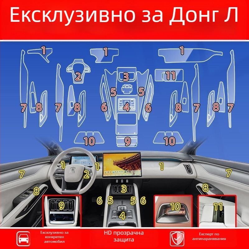 TPU интериорен защитен филм за BYD Song L – комплект с едно парче, покриващ въздухоотводи, бутони на волана, навигационен дисплей, бутони на вратите и зоната на централната конзола; устойчив на високи и ниски температури; устойчив на надраскване и износван