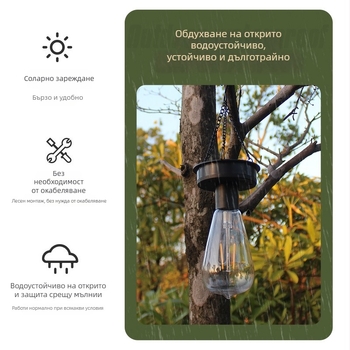 Соларна фенер-лампа, ретро волфрамова нишка, нощна лампа за окачване, градина и къмпинг, IP44, 0.5W, 1.2V, 12–16ч
