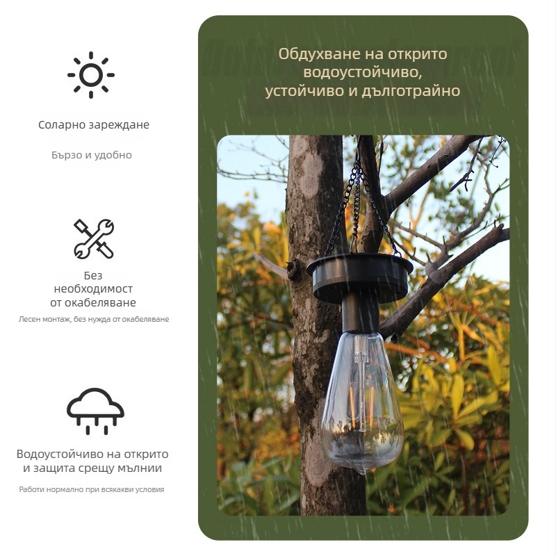 Соларна фенер-лампа, ретро волфрамова нишка, нощна лампа за окачване, градина и къмпинг, IP44, 0.5W, 1.2V, 12–16ч