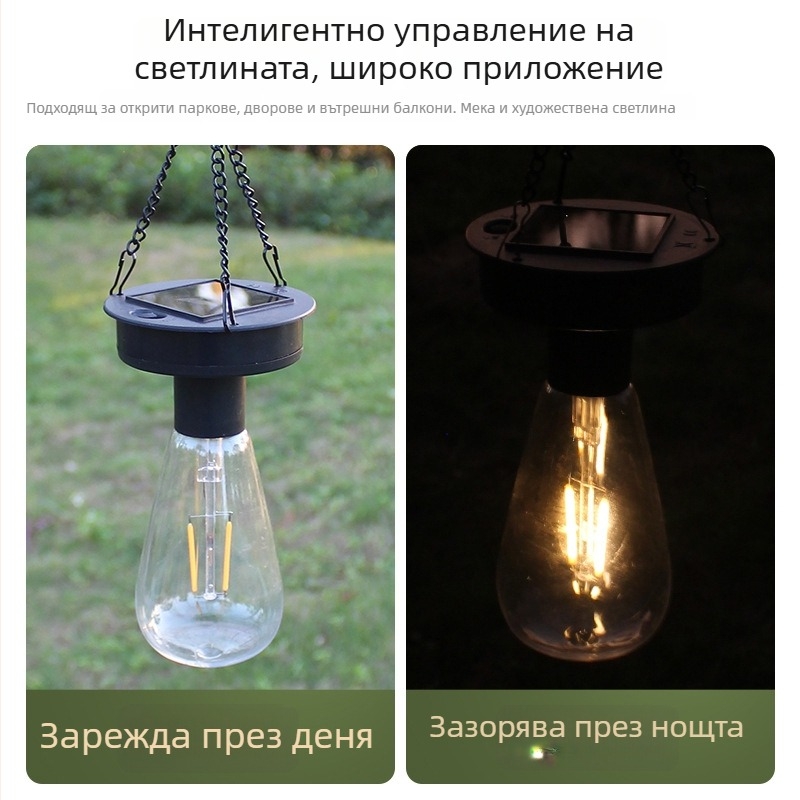 Соларна фенер-лампа, ретро волфрамова нишка, нощна лампа за окачване, градина и къмпинг, IP44, 0.5W, 1.2V, 12–16ч