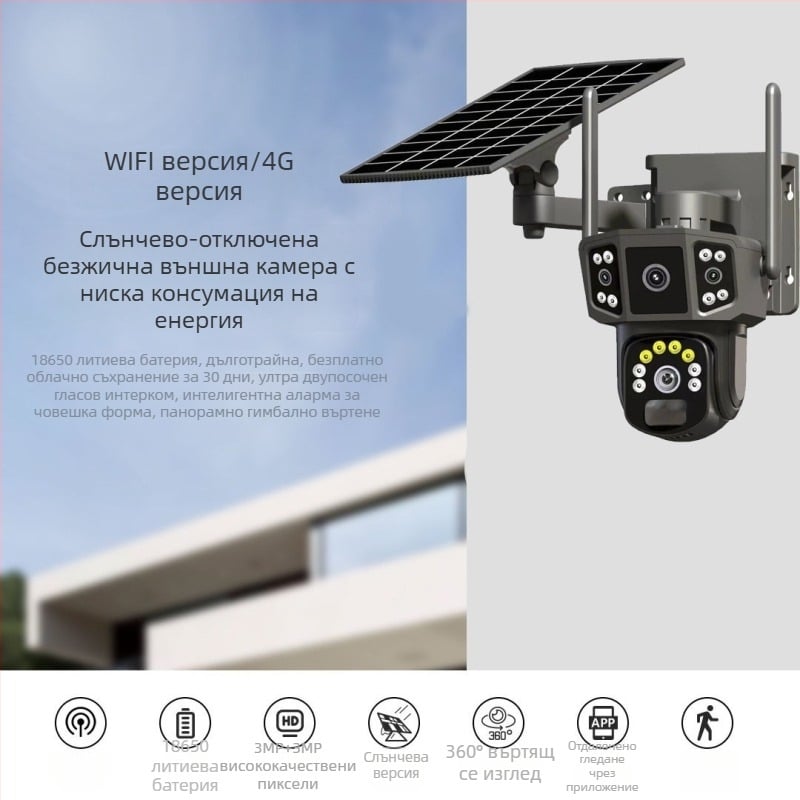 Безжична слънчева камера с три обектива - 3MP HD, 4 мм обектив, инфрачервено нощно виждане до 60 м, работна температура -35 до 60°C