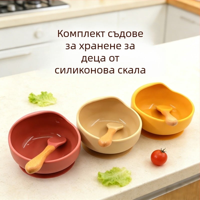 Силиконов комплект: чиния със охлюв и лъжичка за бебета – 2 части, хранителен силикон, за деца над 6 месеца