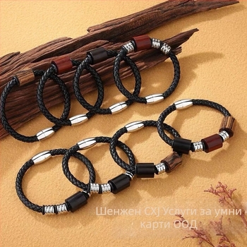 Гривна от сандалово дърво с IC+ID чип за контрол на достъпа, сплетен кожен шнур, бесконтактна карта, съхранение 1152/4096