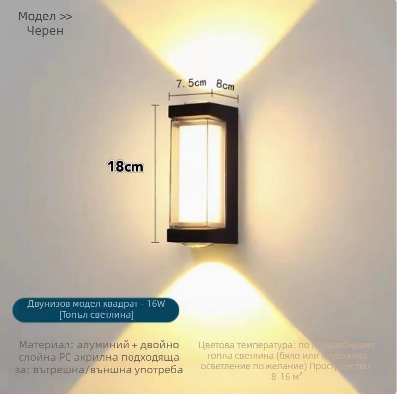 Външна стенна LED лампа, водоустойчива, за коридор, стълбище и двор, 16W, 85-265V, IP65, 3000K, Sanan Optoelectronics