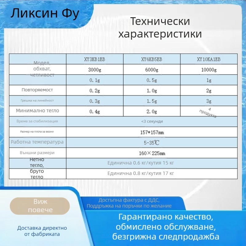 Прецизен електронен баланс с LCD дисплей, точност 0.1 g, максимален капацитет 10000 g, обратима платформа за претегляне, модели 3KB1EB/6KB5EB/10KA1EB