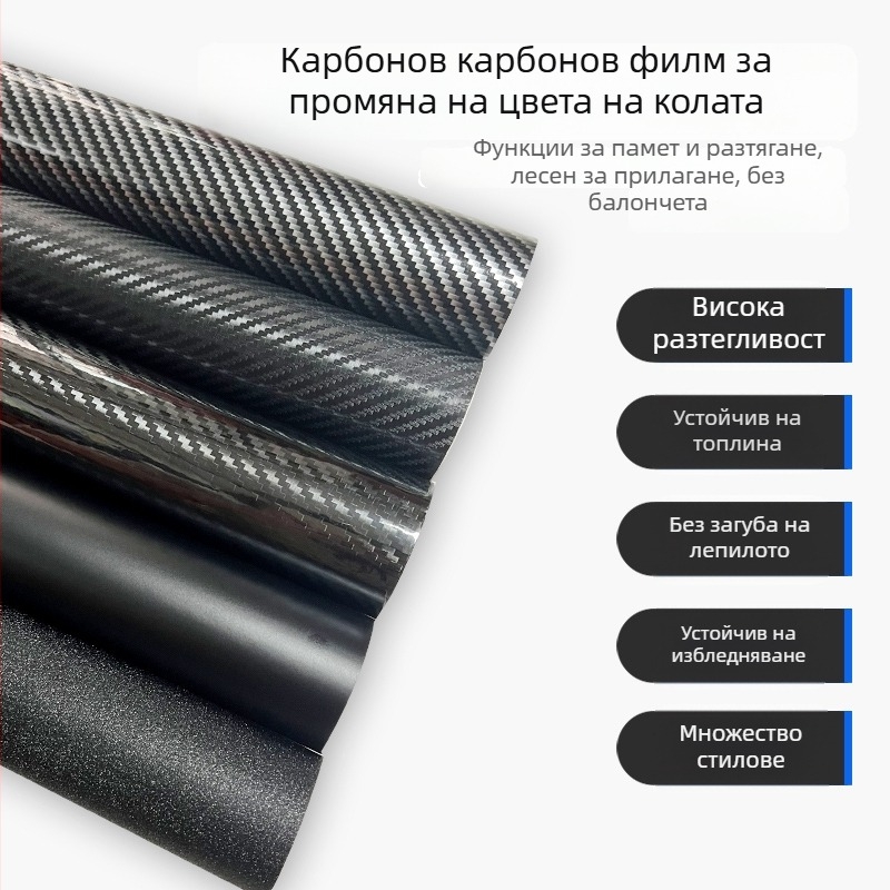 Филм за смяна на цвета на автомобила със карбонова текстура, PVC обвивка, матов завършек, пълна обвивка на автомобила