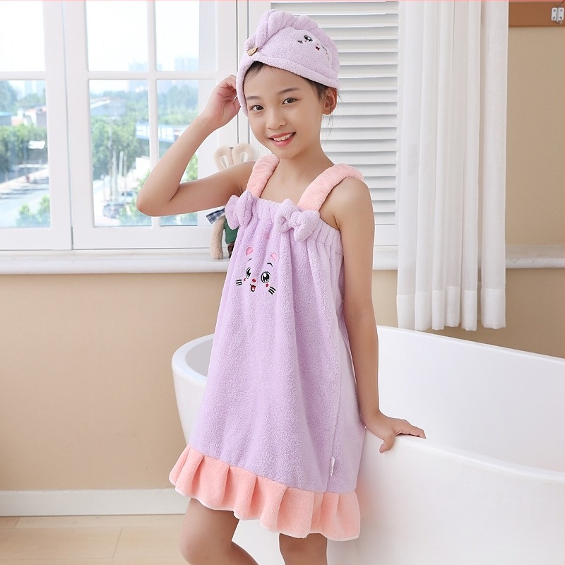 Детска рокля за баня от коралов плюш с презрамки – летна банна рокля за момичета, полиестер