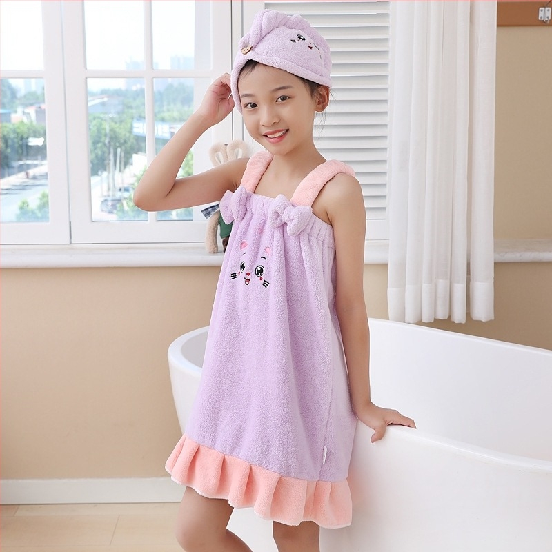 Детска рокля за баня от коралов плюш с презрамки – летна банна рокля за момичета, полиестер