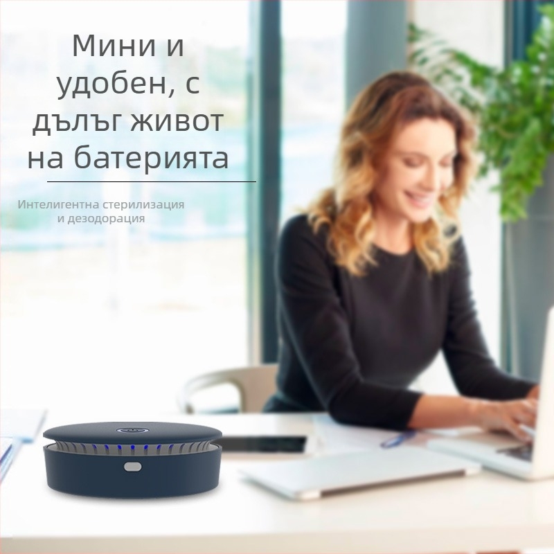 Преносим пречистител за въздуха с озонови отрицателни йони – настолен и за автомобил, USB захранване, въздушен поток 10 м³/ч, шум 36–45 dB, обезмирисаващ и стерилизиращ