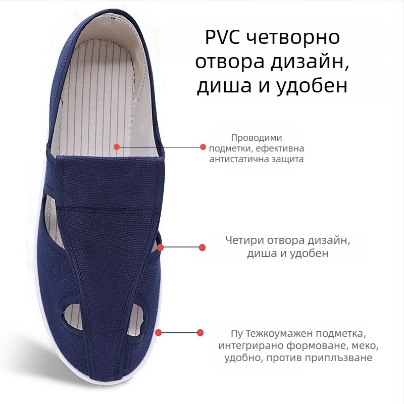 Изолирани обувки с антистатични свойства, дишаща PU мрежа, плетена материя, нисък връх – без прах, за чисти помещения