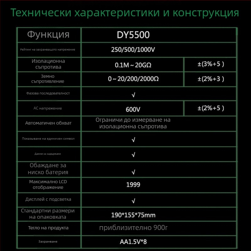 DY5500 Многофункционален цифров измерител за заземяване на съпротивление със измерване на фазовия ред на напрежението и мегометър