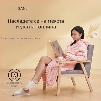 Унисекс халат за баня с качулка, корален флис, 840 г, топъл за есенно-зимния сезон