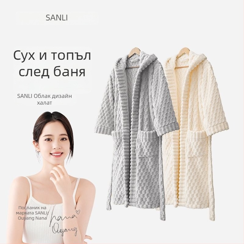 Унисекс халат за баня с качулка, корален флис, 840 г, топъл за есенно-зимния сезон
