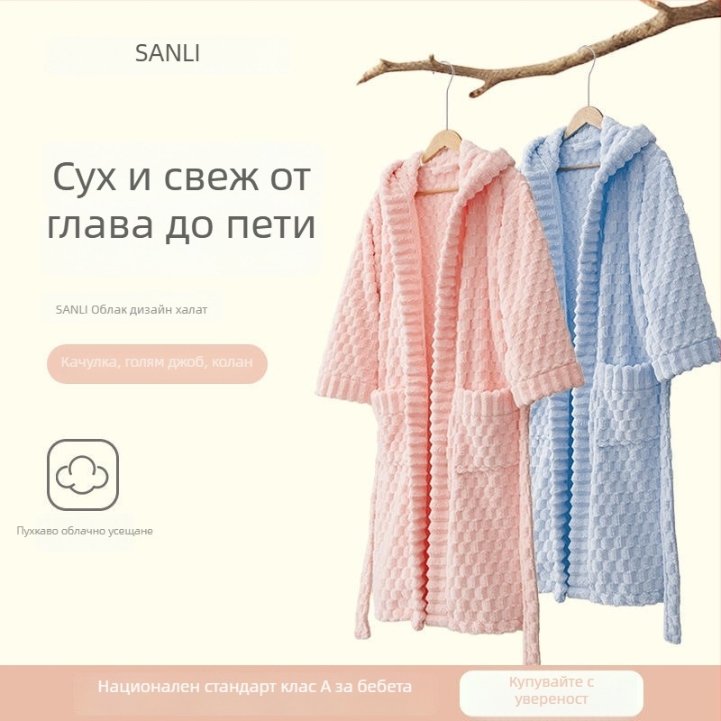 Унисекс халат за баня с качулка, корален флис, 840 г, топъл за есенно-зимния сезон