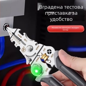 10-в-1 мултифункционални клещи за обелване на проводници, индустриално качество, с секции за навиване и кримпване и тестови точки, материал: никел-хромова сплав