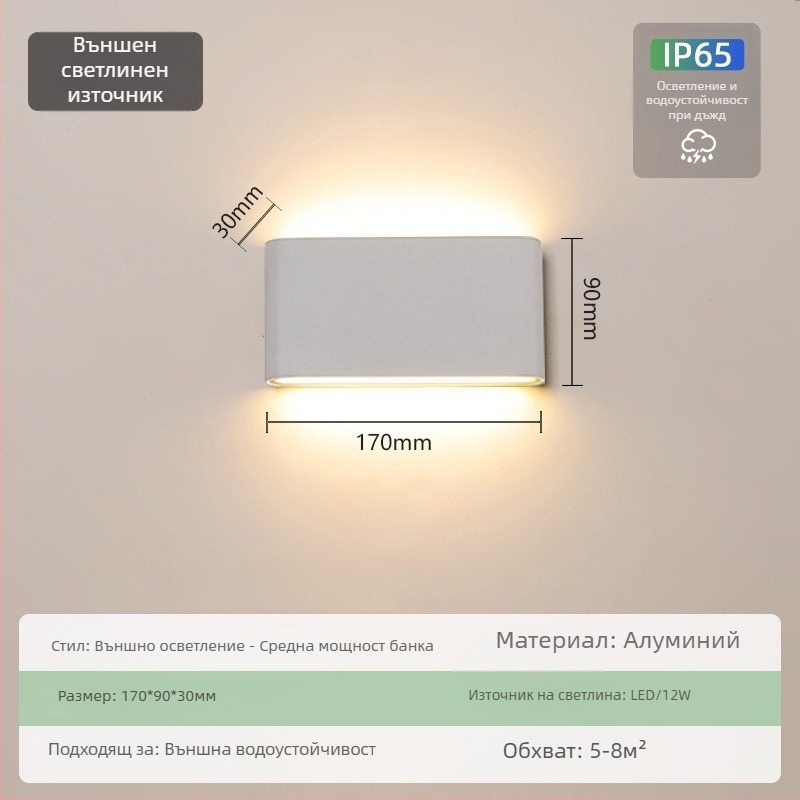Външна водоустойчива стенна лампа за двор – ултра тънка, IP65, 110-275V, 15 LED, 3000K, CRI 90