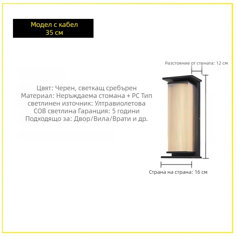 Външна стенна лампа IP65 водоустойчива, корпус от неръждаема стомана, 220V вход, LED Sanan Optoelectronics, живот 50 000 ч.