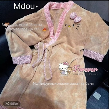 Халат за баня с леопардов принт от коралов флийс, дебел и топъл за зима, дамски, 85% полиестер