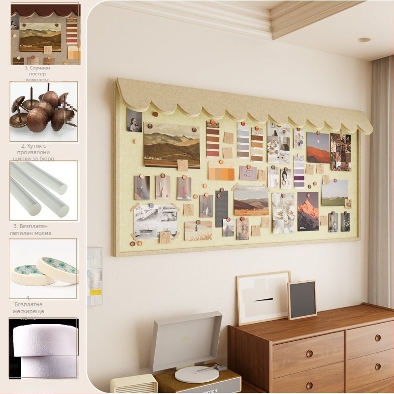 3D фотостена с копринени цветя и корков панел за снимки – универсален стил, подарък за рожден ден