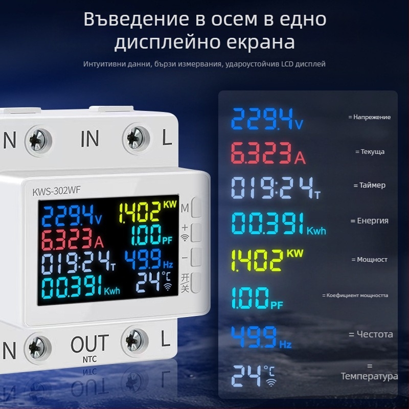 Смарт WiFi LCD дисплей контролер за електромер с дистанционно управление, защита от пренапрежение, прегряване и прекомерен ток.