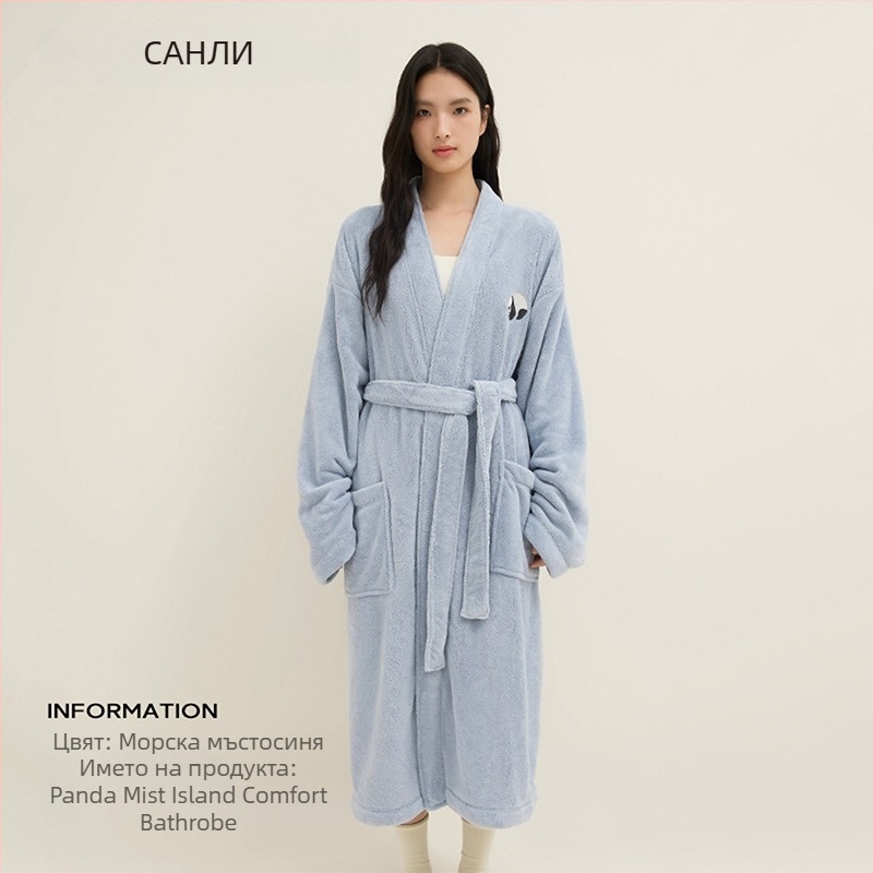 Халат за двойки унисекс с панда бродерия, коралов флийс