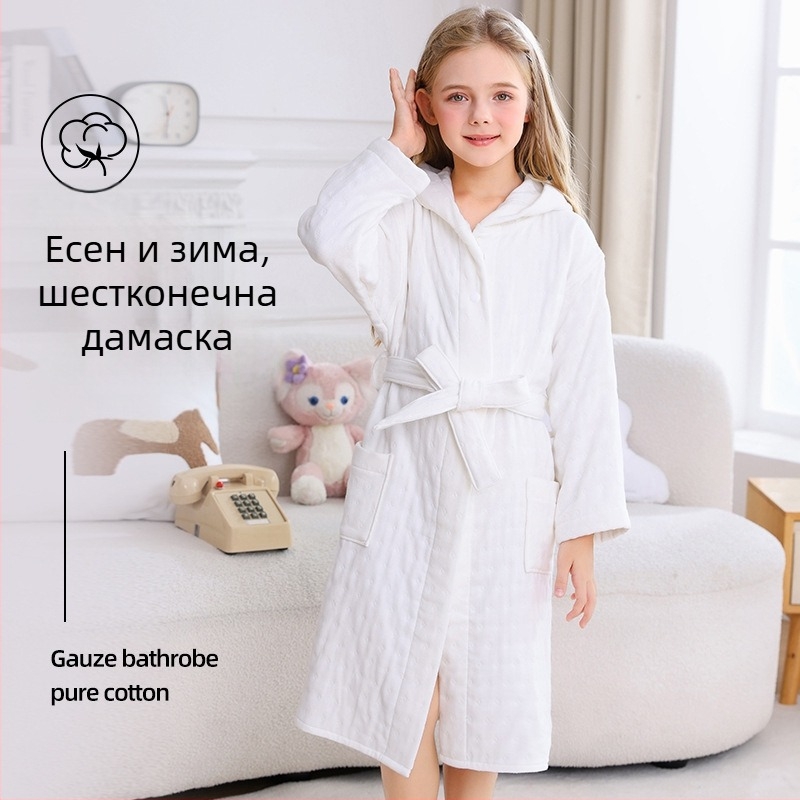Детски халат за баня от 100% памук, зимен и дебел, с качулка, абсорбиращ и без власинки