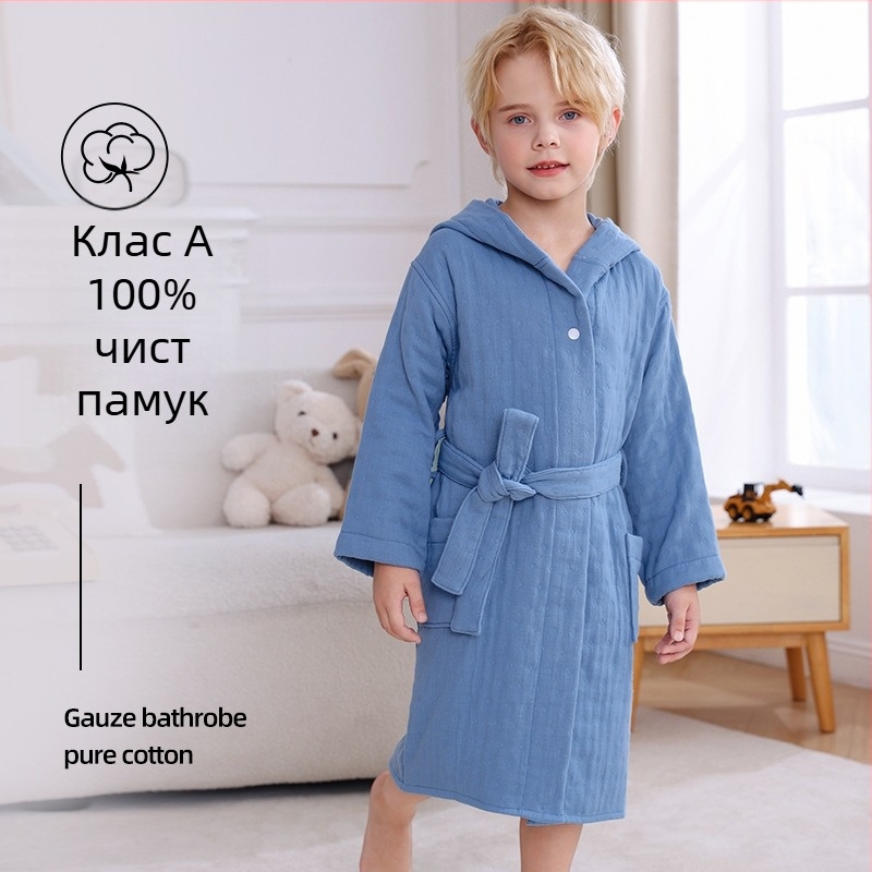 Детски халат за баня от 100% памук, зимен и дебел, с качулка, абсорбиращ и без власинки