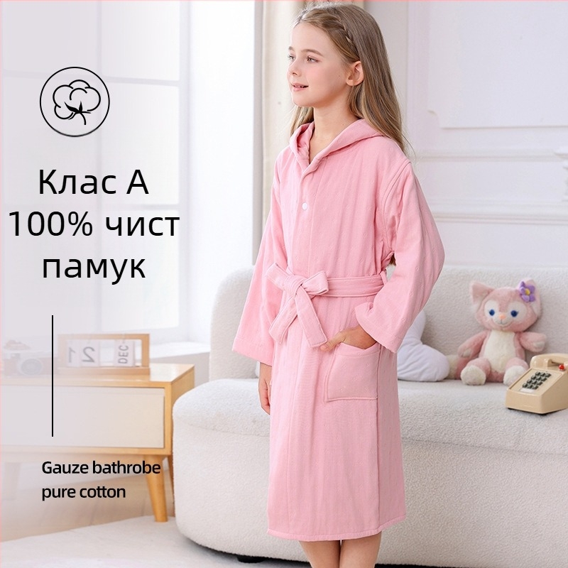 Детски халат за баня от 100% памук, зимен и дебел, с качулка, абсорбиращ и без власинки