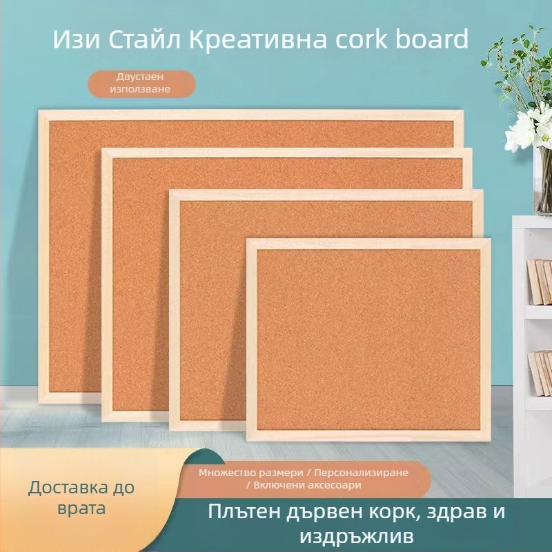 Едностранна висяща дъска с корк и дървена рамка за снимки и бележки в офис — карикатурен стил