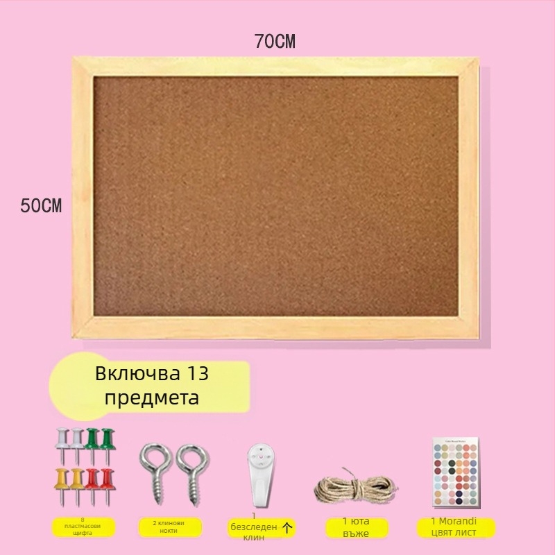 Едностранна висяща дъска с корк и дървена рамка за снимки и бележки в офис — карикатурен стил