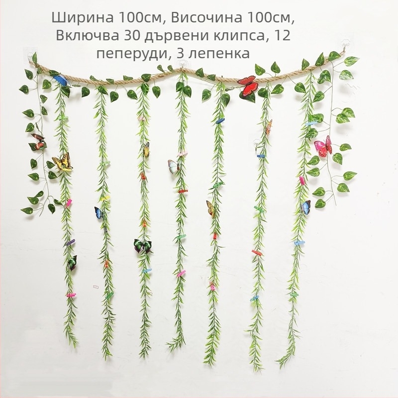 Фото стенен декор със самозалепващи конопени клипчета за снимки, стил дърво-лоза, прост дизайн, без пробиване